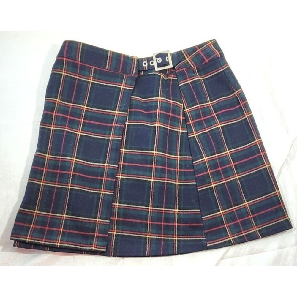 J. Galt Women's School Girl Navy Plaid Wrap Mini Skirt w/ Buckle Belt - One Size